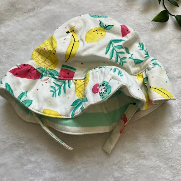 Baby Sun Hat 3-12M | Summer White Fruit Stripe Reversible GUC - Picture 2 of 11